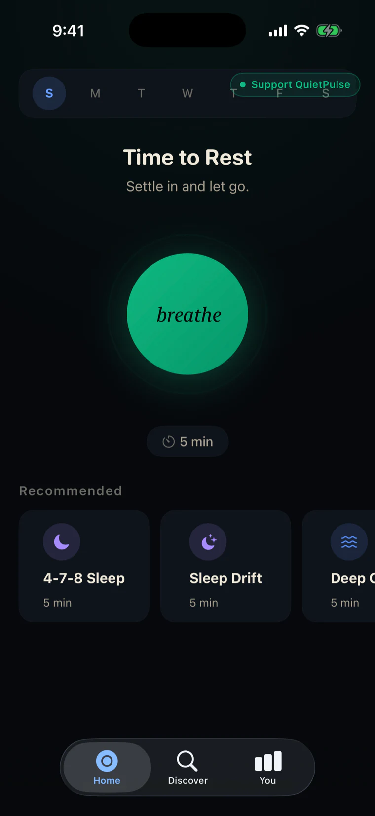 QuietPulse home screen on iPhone — Time to Rest daily check-in with the breathe circle and recommended patterns