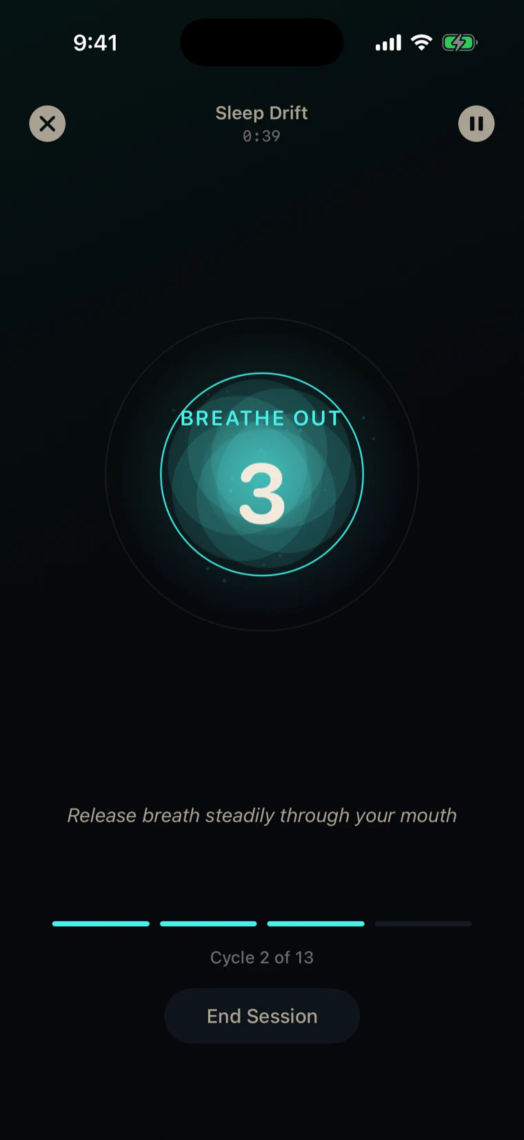 QuietPulse breathing session on iPhone — Sleep Drift pattern mid-exhale, the bloom counting down each breath